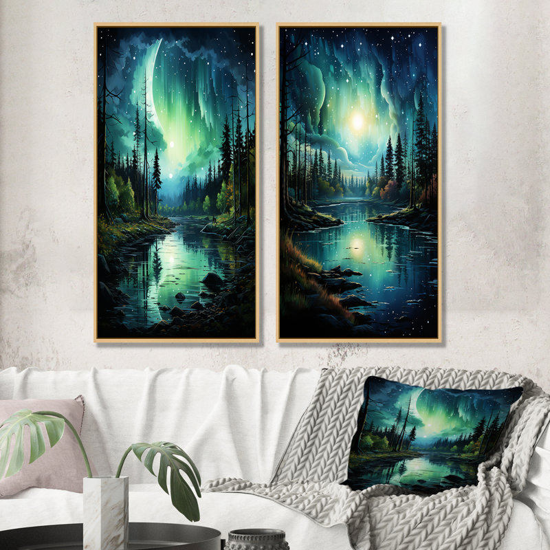 Northern Lights Aurora Reflection I - ensemble de 2 impressions murales sur toile Northern Lights, Cadre flottant brun