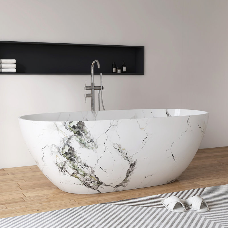 Baignoire autoportante de 63 po x 30 po à surface solide avec technologie hydrographique Marble