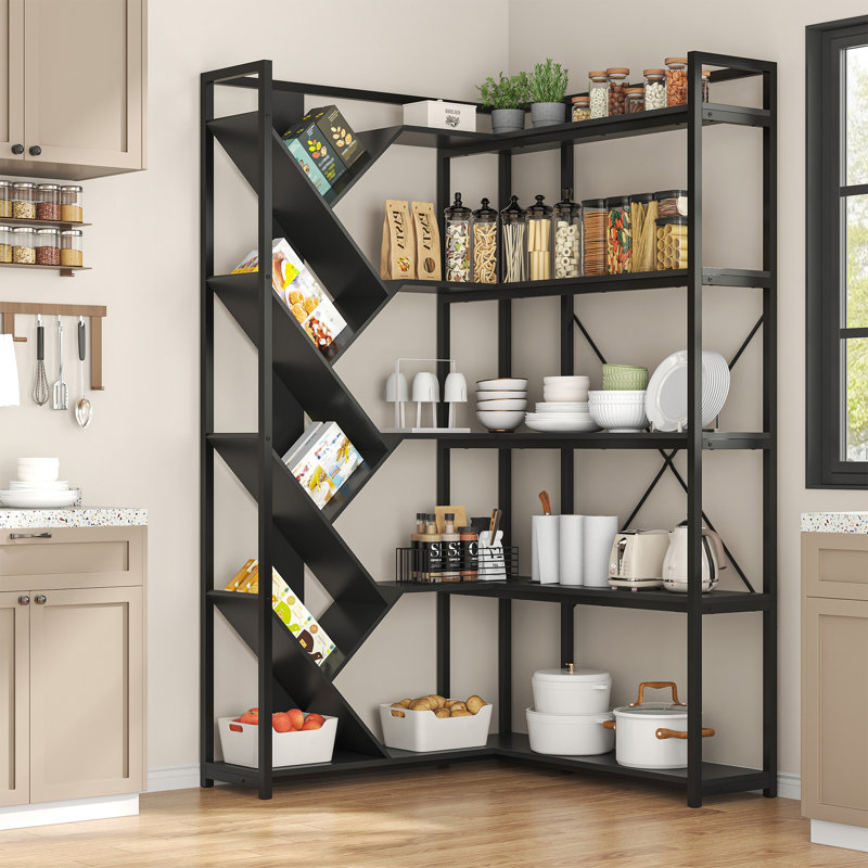 71" Tall Corner Bookshelf, L-Shape Bookcase With Y-Shape Shelves, Metal Frame Display Shelf, Black, Brown