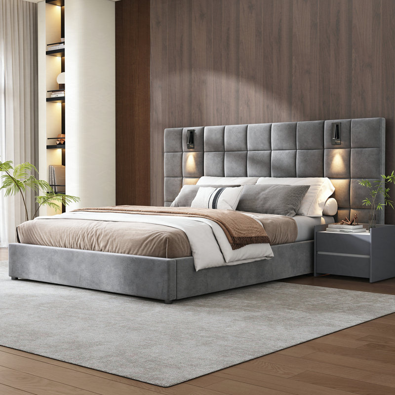 wide headboard Upholstered bed with reading lamp and USB port, Queen