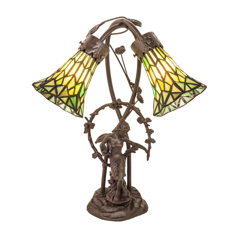 17" High Stained Glass Pond Lily 2 Light Trellis Girl Accent Lamp