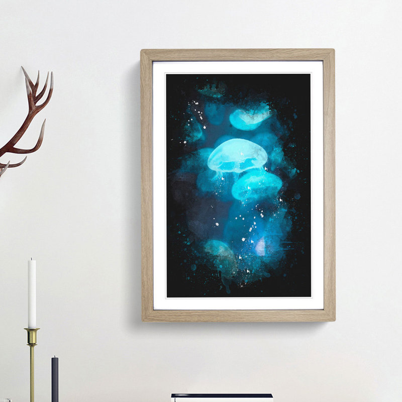 Blue Jellyfish - Picture Frame Graphic Art Print, 63cm H x 45cm W x 2cm D, Oak Framed