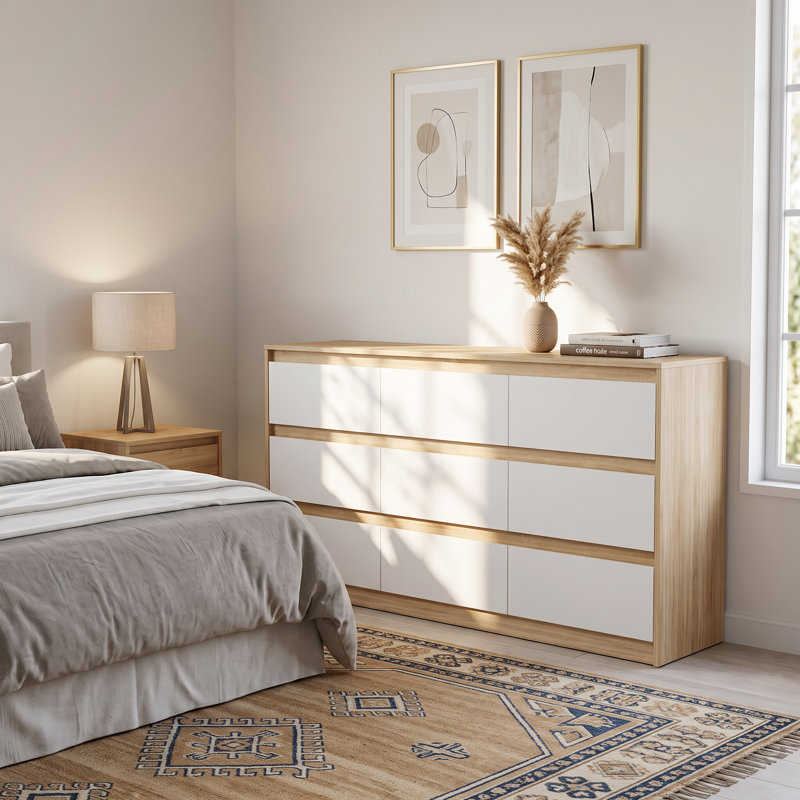 Commode 9 tiroirs Aurica, Blanc, bois