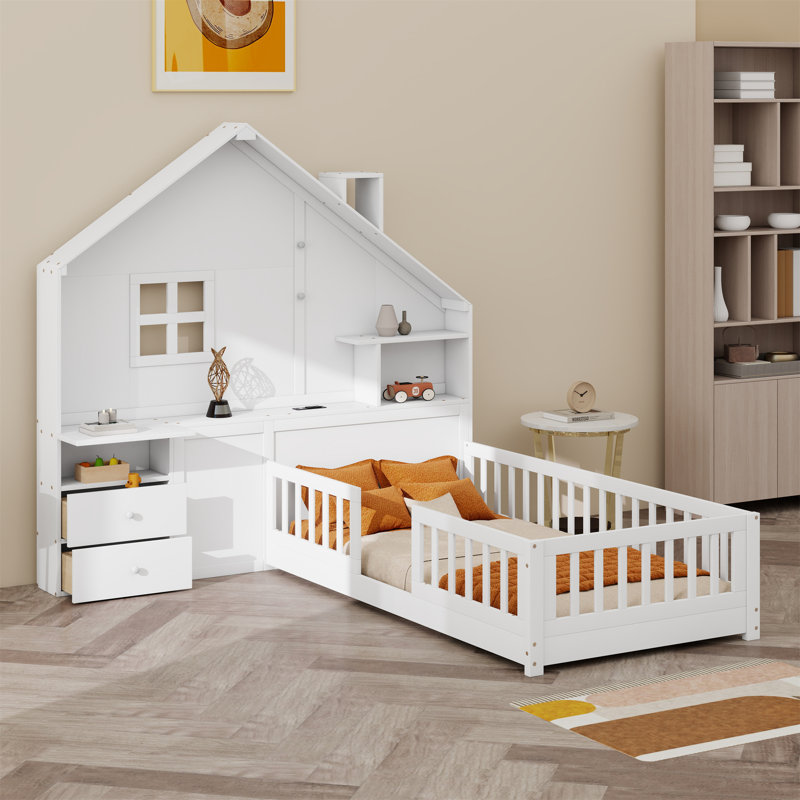 House Bed With Window And Bedside Drawers, Platform Bed With Shelves And A Set Of Sockets And USB Port