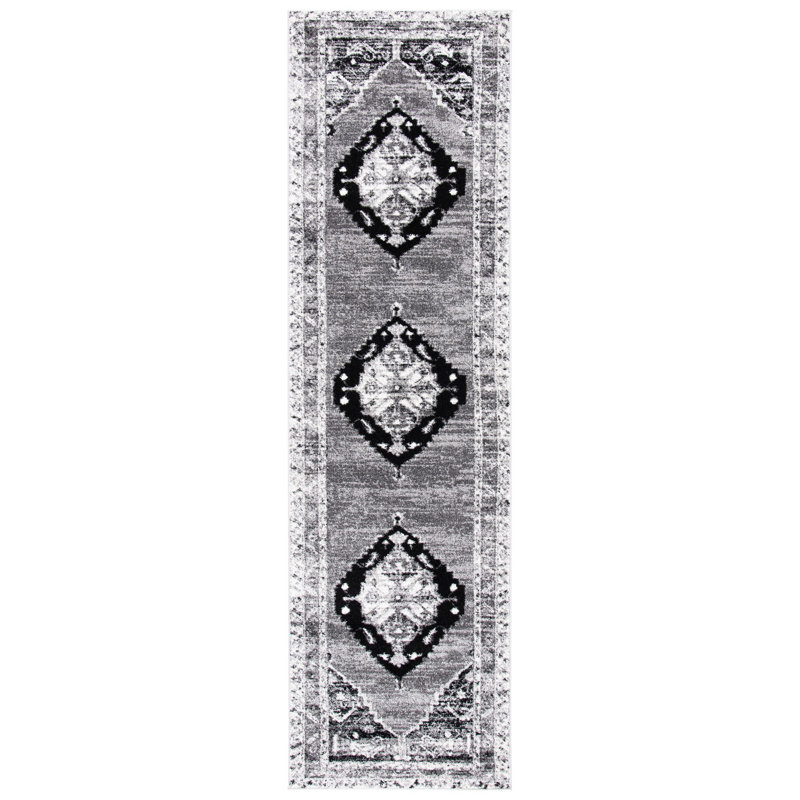 Tapis gris / noir Southwestern, Tapis de couloir 2 pi 3 po x 8 pi