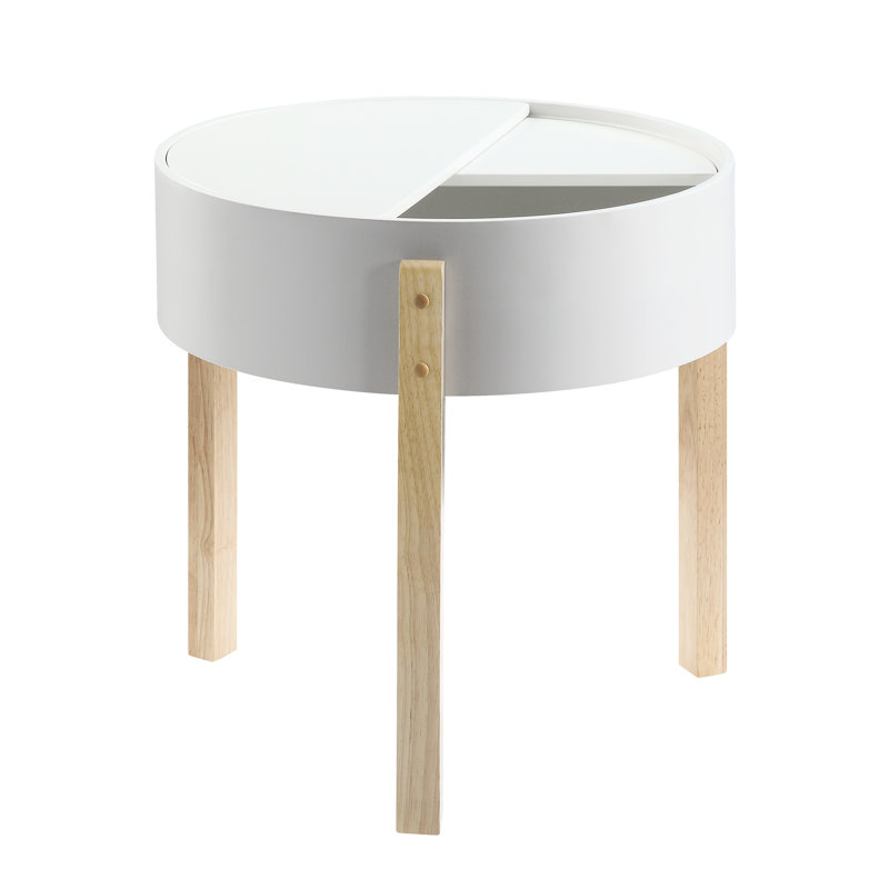 Table de bout ronde blanche et naturelle avec compartiment de rangement caché et structure en bois