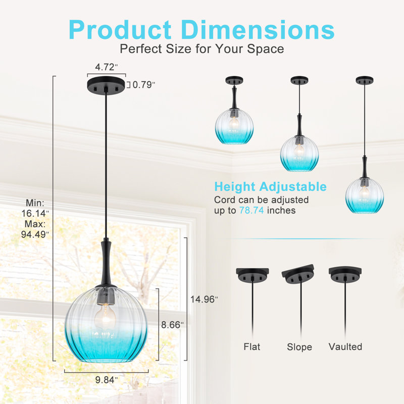 Suspension globe en verre côtelé bleu ombré, luminaire suspendu moderne noir mat à 1 lumière pour îlot de cuisine et salle à manger