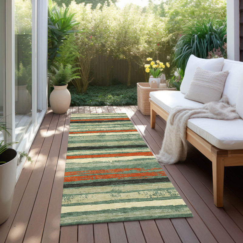 Sage and White Striped Synthetic Washable Runner Rug 2'3" x 7'6"