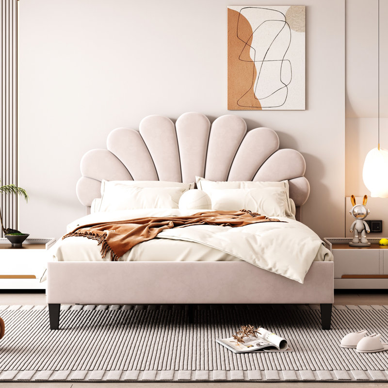 Tête de lit tapissier beige en velours, Beige, Lit double
