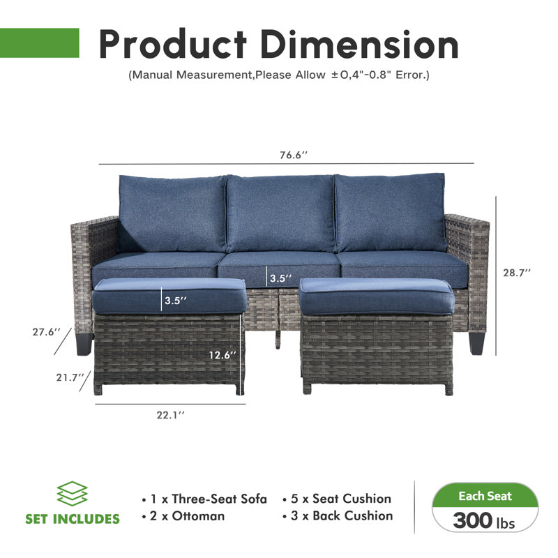 Allcot 3 - Person Wicker Rattan Outdoor Seating Group with Pillows, Cushions and Ottomans, All Weather High Back Conversation Set for Garden Backyard