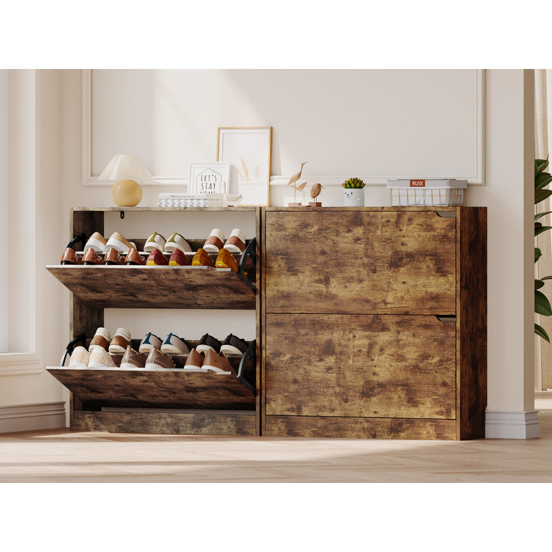 Armoire de rangement pour chaussures Farmhouse avec 2 tiroirs rabattables - étagère étroite de 9,45 po de profondeur et réglable pour entrée, couloir
