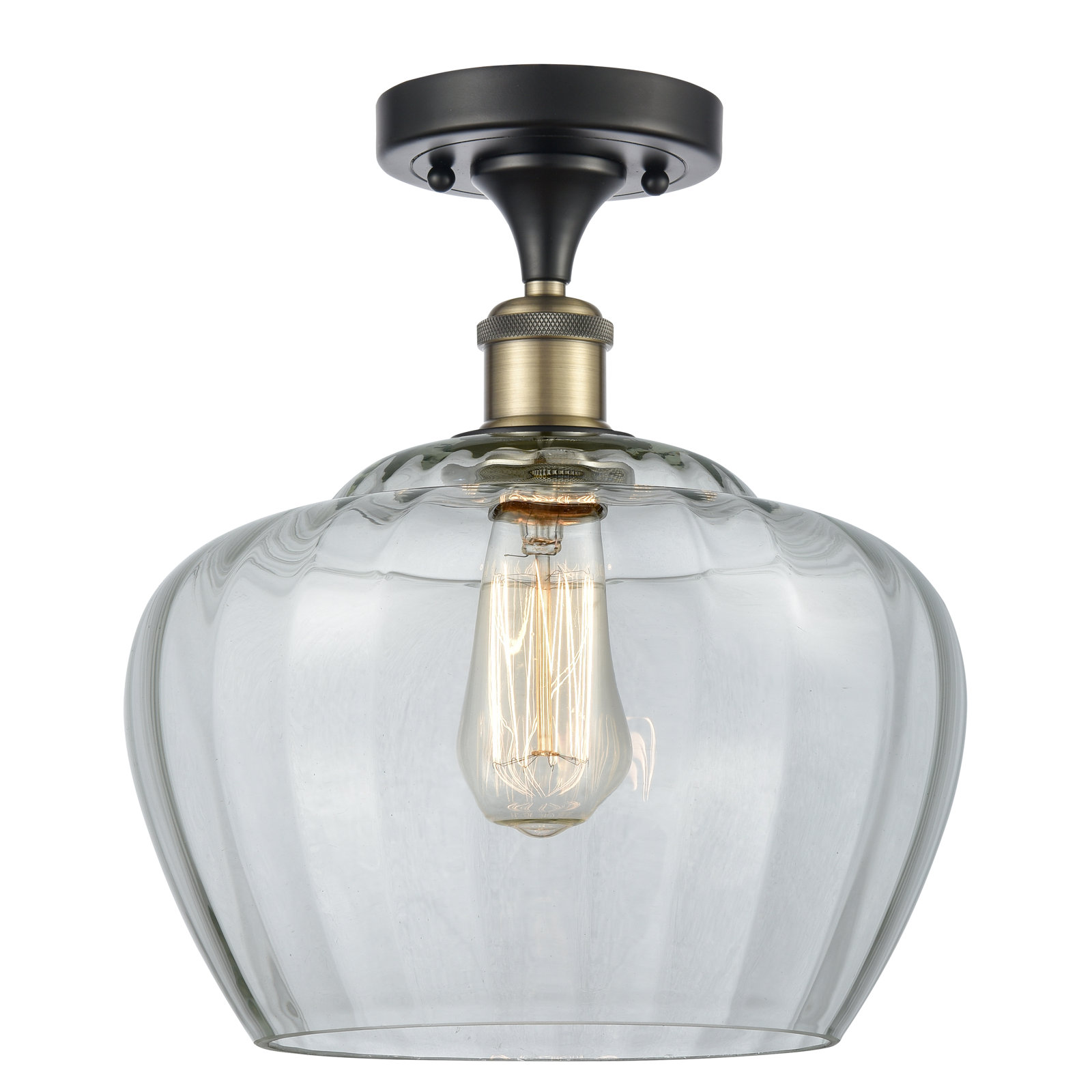 Renee Single Light Glass Semi Flush Mount, Clear, 6 Watt Vintage LED Bulb, Black Antique Brass