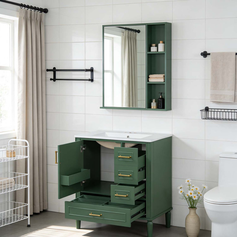 Meuble-lavabo moderne avec lavabo en céramique, porte à fermeture douce et tiroirs multiples, Vert