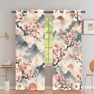 2 pièces de rideaux occultants à motif de fleurs de cerisier japonais avec œillets, élégant motif floral oriental, isolation thermique et réduction du bruit, protection de la vie privée, obscurcissement de la décoration intérieure pour la chambre à coucher, le salon