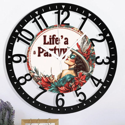 Metal Wall Clock for Living Room -10" Lifes A Partyy Woman Floral Frame Silent Non Ticking,Battery Operated, Antique Clocks for Farmhouse,Bedroom,Kitchen - Arabic Numerals