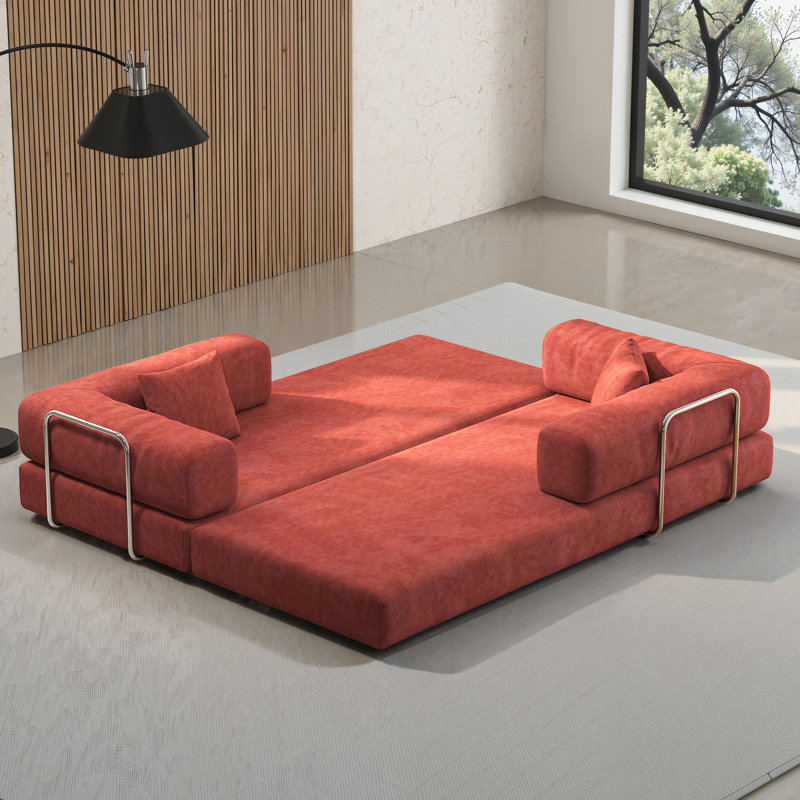Boneless 78" King-Size Sleeper Sofa Bed Convertible Compression Couch Bed Corduroy Floor Couch With 2 Pillows, Rust Orange