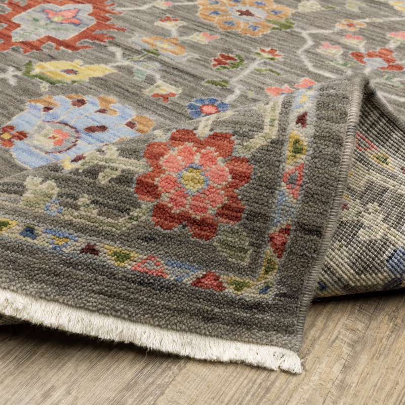 Oriental Machine Woven Gray/Pink Wool and Nylon Blend Area Rug, Rectangle 2' x 3'