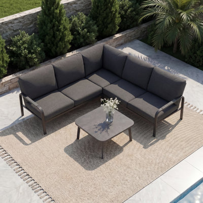Ensemble de canapé d'angle en L avec table basse, structure en aluminium résistant aux intempéries, coussins lavables pour balcon de patio, gris