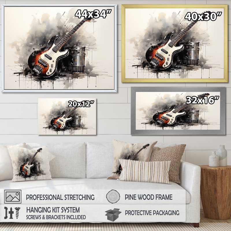 «Brown Charcoal Guitare Vibations III», art mural musique, Cadre flottant noir, H 12 po x l 20 po x P 1 po