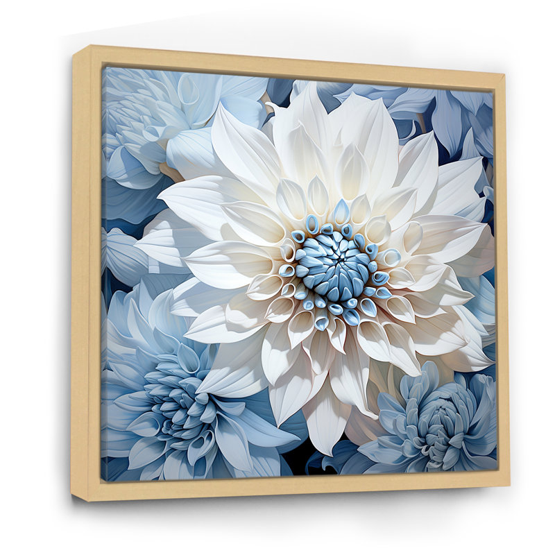 «White and Blue Dahlia Embrace», reproduction sur toile, Cadre naturel flottant, H 36 po x l 36 po
