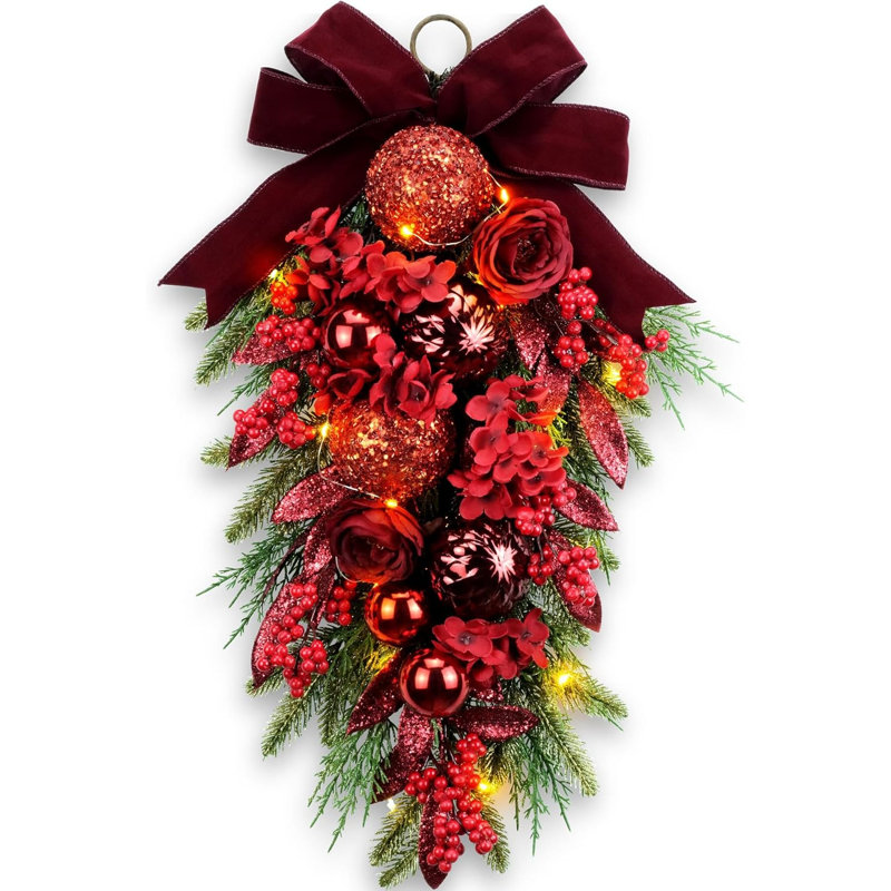 Ornement en forme de goutte 24 ", ornement de Noël artificiel avec hortensias rouges et babioles
