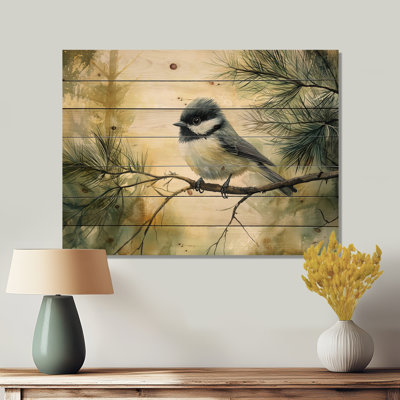 Chickadee Bird In The Autumn Pines II - impression sur bois d'oiseau - sur bois de pin naturel