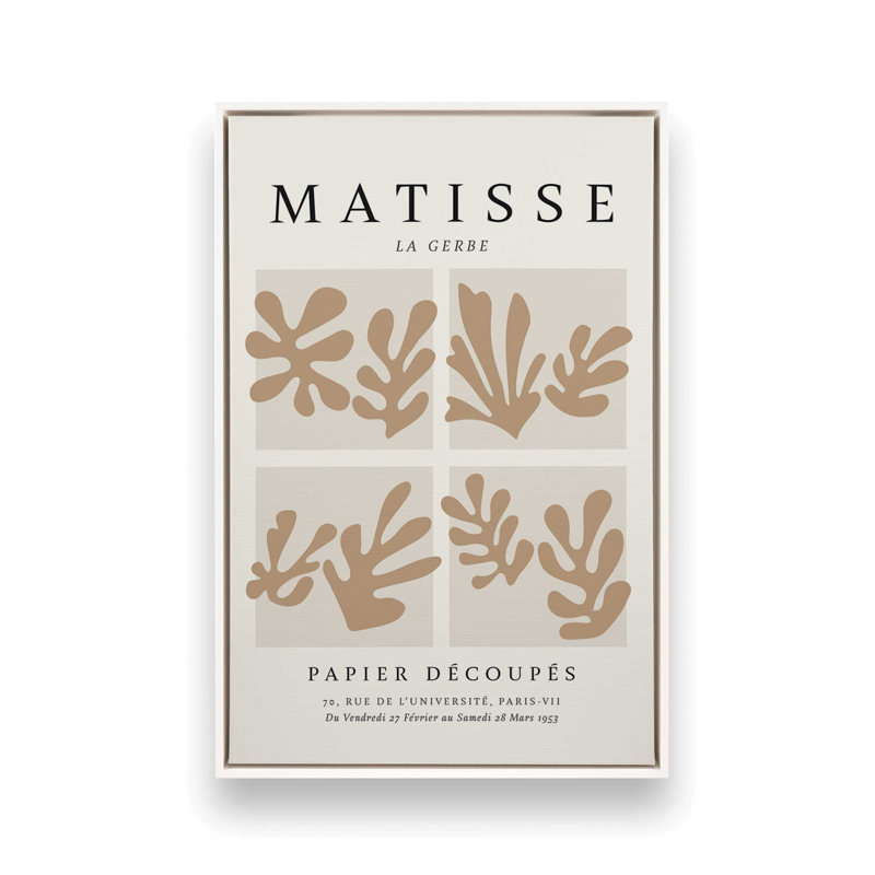 Matisse's La Gerbe Quartet en brun, H 18,75 po x l 12,75 po x P 1,75 po, Cadre flottant blanc opaque