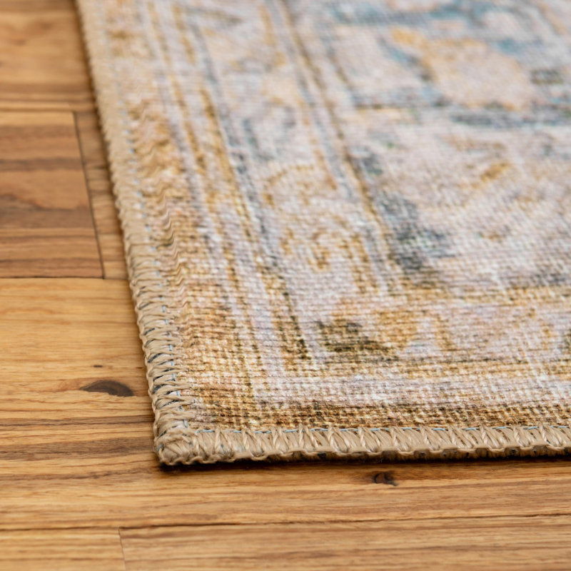 Tapis oriental jaune / ivoire / bleu clair Saphira, Carré 7 pi 6 po
