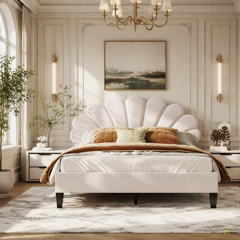 Upholstered Platform Bed With Flower Pattern Velvet Headboard, Queen