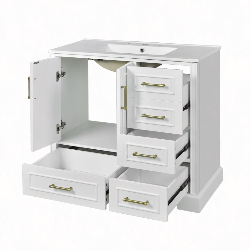 Meuble-lavabo traditionnel 36 po avec lavabo en céramique, armoire de salle de bain avec deux portes à fermeture douce et quatre tiroirs