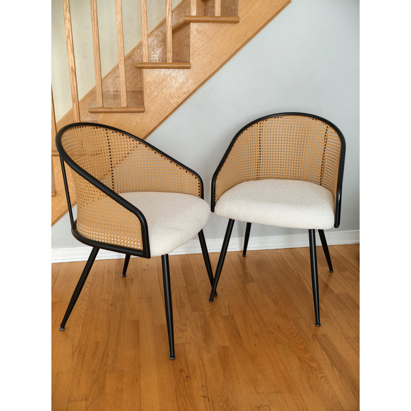 Ensemble de 2 fauteuils de salle à manger modernes en rotin avec cadre en métal noir, blanc