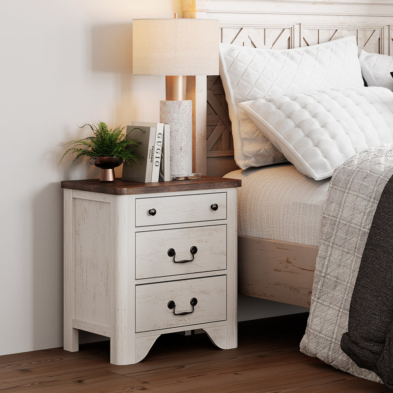 Haikey Farmhouse Wood Nightstand Set, Built-In Charging Station, and Drawer Nightstand For Bedroom, White