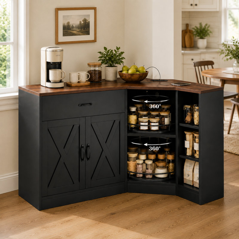 Meuble-bar de coin de style ferme de 120 cm avec plateau tournant à 2 niveaux, prise électrique, tiroir et étagères de rangement, noir
