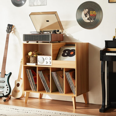 Large Farmhouse Record Player Stand for 300+ Vinyl Records with Display Storage & Solid Wood Legs