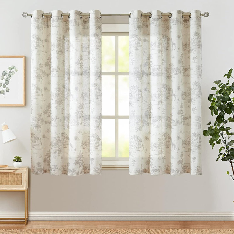  Semi Sheer Toile-printed Linen-textured Curtain, 50" W x 63" L, Gray