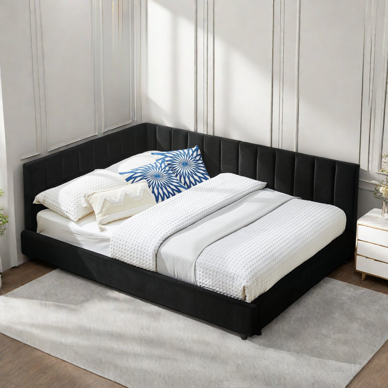 Upholstered Daybed With Comfortable Backrest And Armrests, Vertical Striped Design, Black