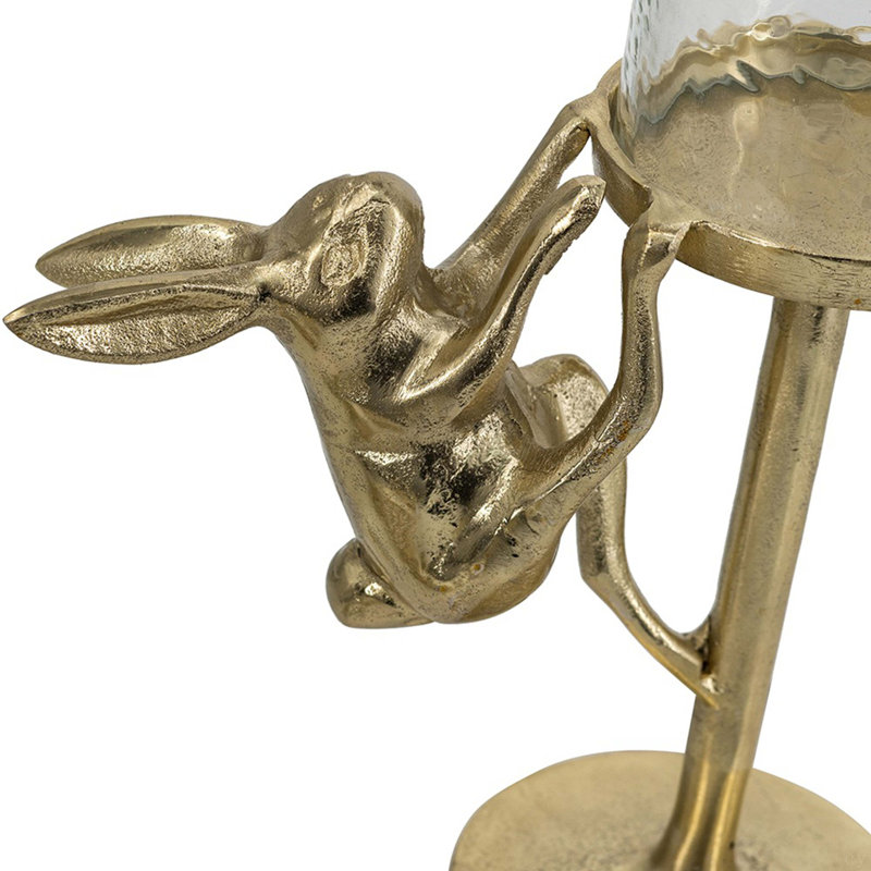 7.9X4 Gold Rabbit Pillar Candle Holder With Clear Glass Hurricane Shade