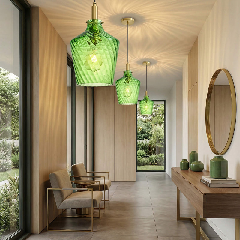 1 - Light Modern Pendant Light Fixture With Hammered Glass Shade For Kitchen Island, Green