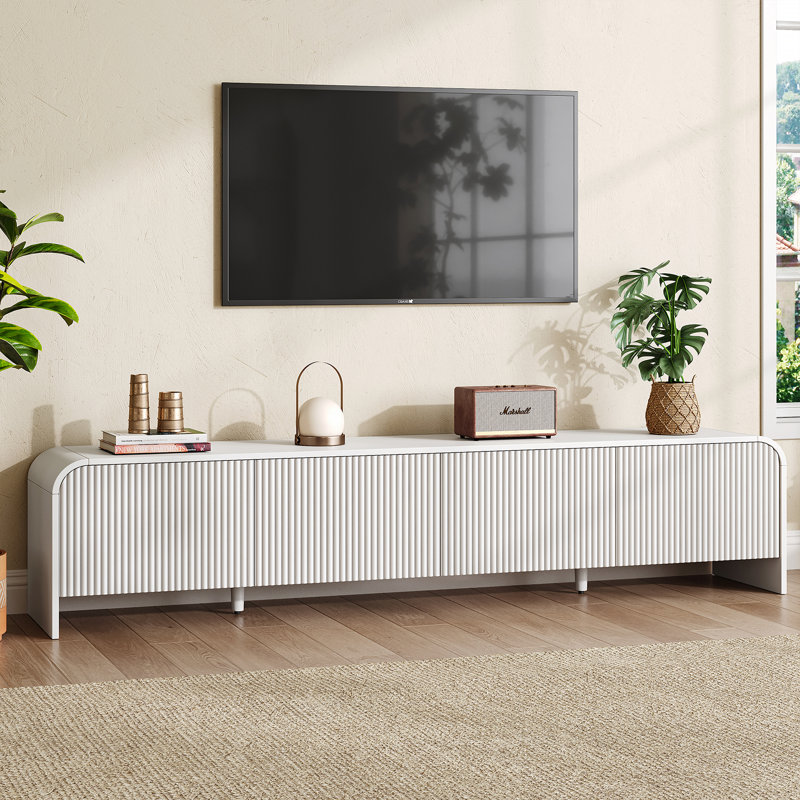 70.9" Curved TV Stand for TVs Up to 80 inches, TV Console with Fluted Doors and Storage Cabinets, White