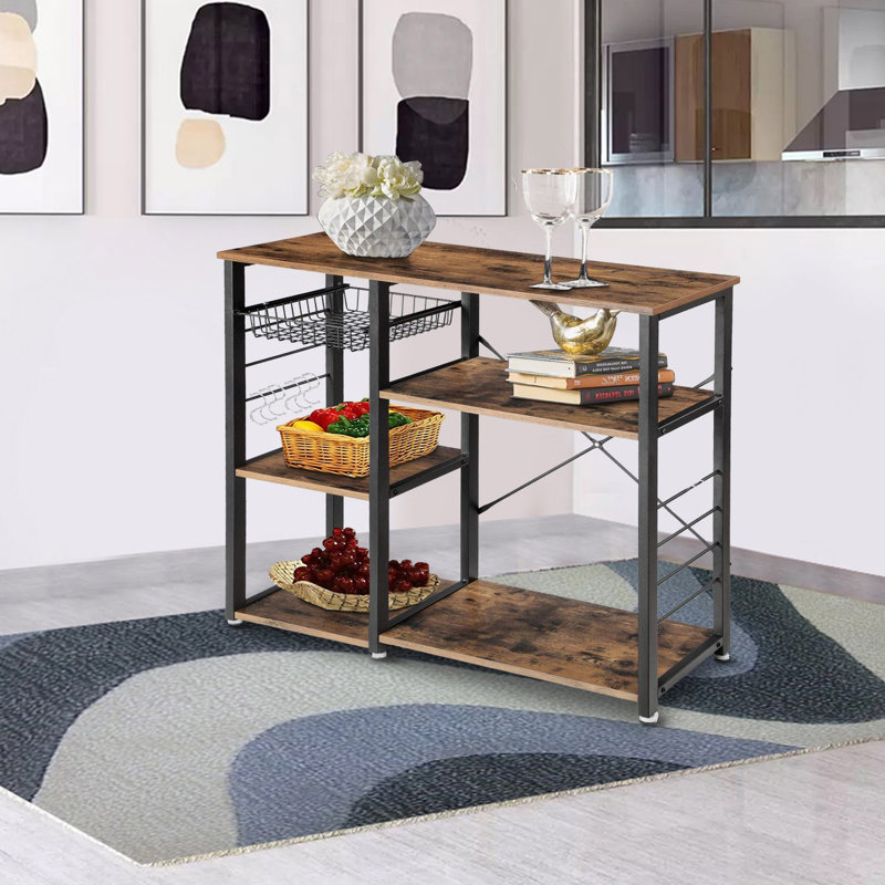 Étagère de boulanger en bois et métal avec 4 tablettes et panier grillagé
