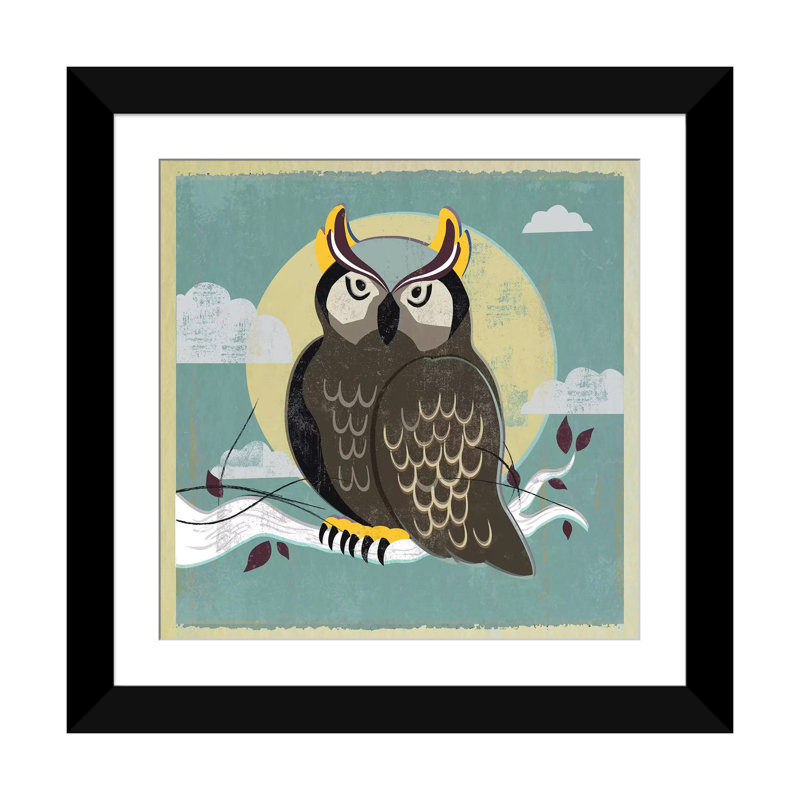 «Perched Owl», reproduction sur toile, H 16 po x l 16 po x P 1 po, Papier avec cadre noir, Blanc