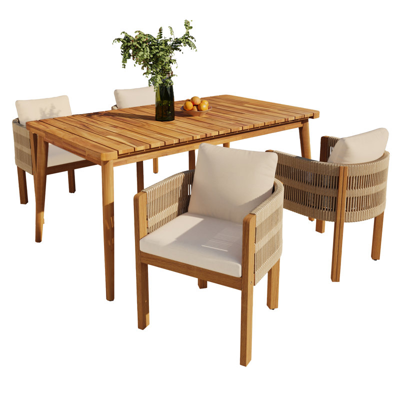 Ensemble repas d'extérieur en bois d'acacia avec coussins 5 pièces Cedaridge, Beige