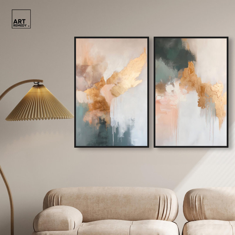 Ensemble de décor mural abstrait « Muted Nature Duet » sur toile, par Art Remedy, cadre noir, 10 x 15, 31" H x 21" W