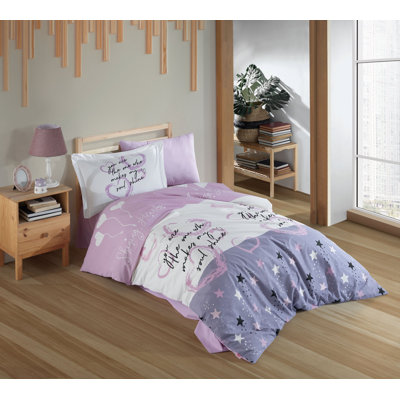 Ensemble de housse de couette simple 100% coton, lilas et blanc / rose, housse de couette 63 x 87, drap plat 63 x 95, taie d'oreiller 20 x 28 | Lavable à la machine, 152 fils, fermeture à boutons | Ensemble de literie doux et élégant