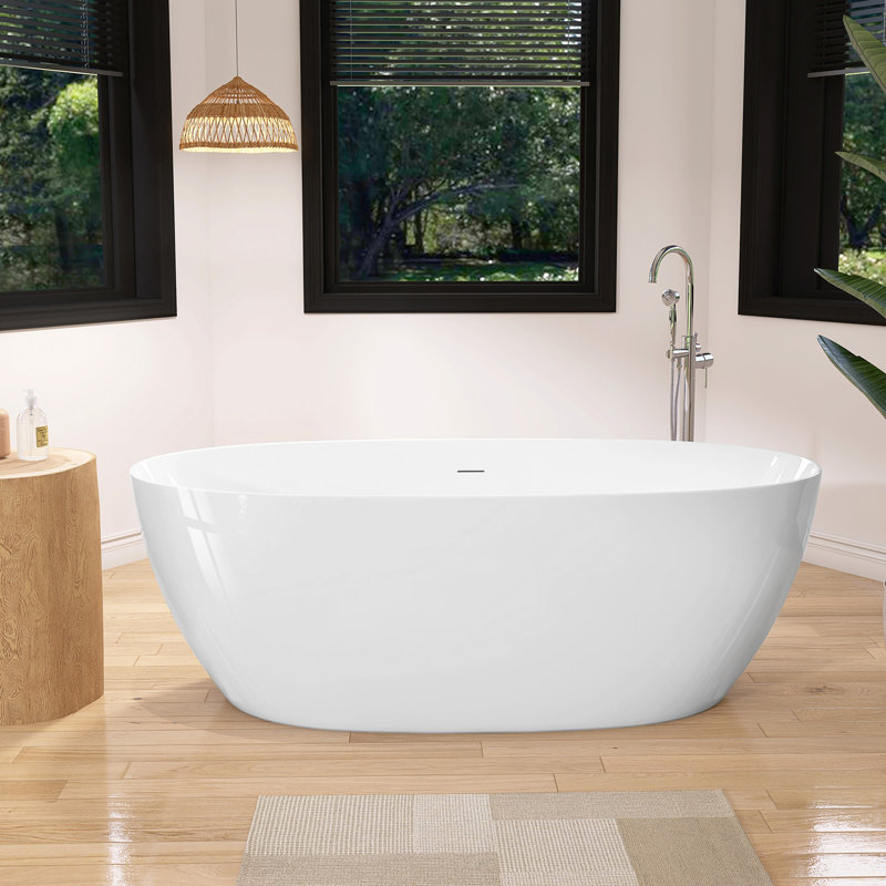 Acrylic Bathtub 67'' W x 32.3'' D Freestanding Soaking Bathtub Glossy White Oval Slipper Tub with Overflow Center Drain