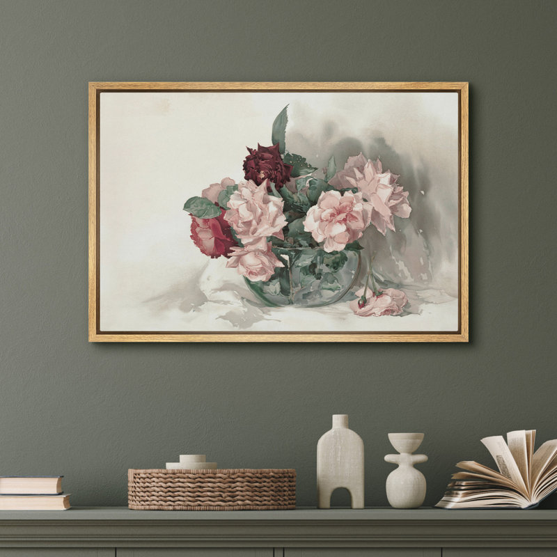 "Vintage Rose Bouquet in Glass Bowl", impression sur toile - Cottagecore pour la salle à manger ou le salon, Naturel