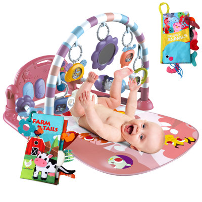 Baby Play Mat Baby Gym, Funny Play Piano Tummy Time Baby Activity Mat With 5 Infant Sensory Baby Toys & 2 Baby Book Toys, Boy & Girl Gifts For Newborn 0 To 3 6 9 12 Months(blue/pink)