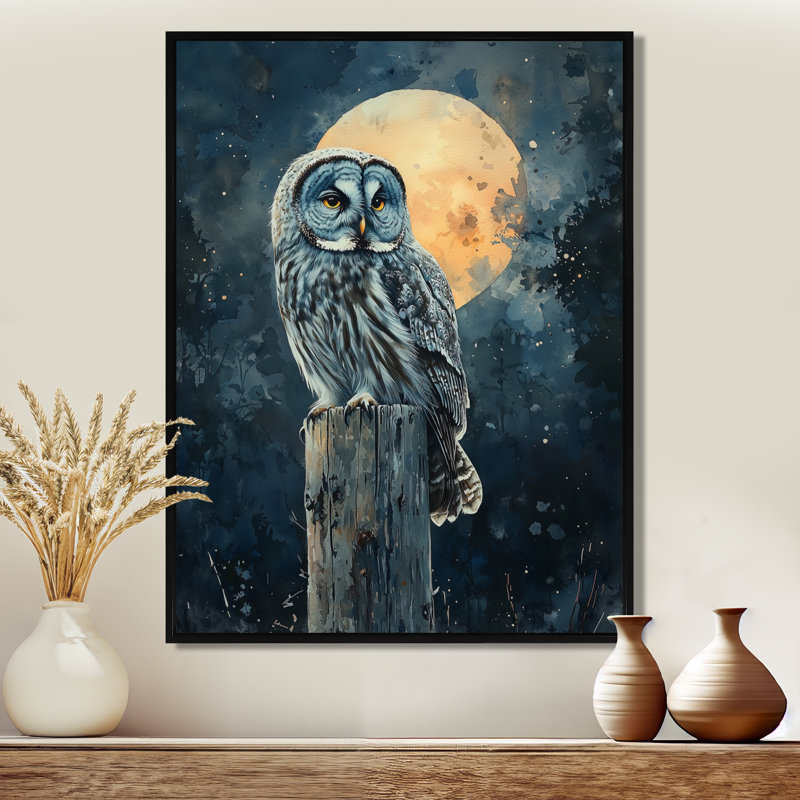 Giomar hibou sur le poteau de clôture II - art mural hibou, Noir, Reproduction avec cadre flottant, H 20 po x l 12 po