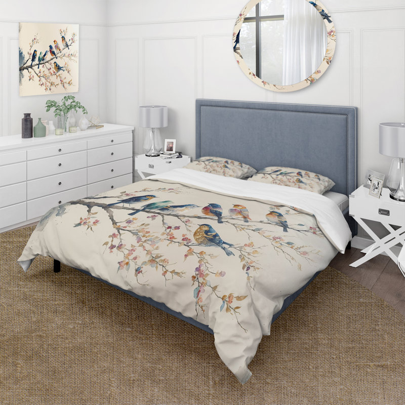 Ensemble de housse de couette multicolore Birds On Plum Blossoms Tree en microfibre / polyester