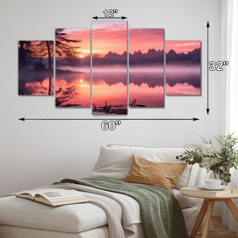 «Pastel Sunrise Misty Mountain Lake II», reproduction d'art murale - 5 panneaux